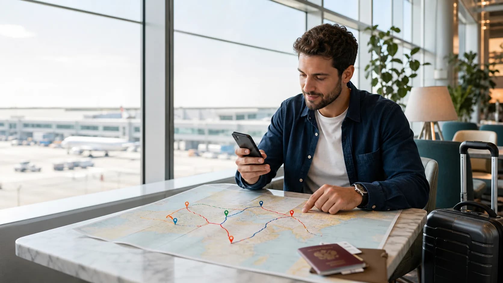 Traveler comparing country, regional, and global eSIM coverage on a route map