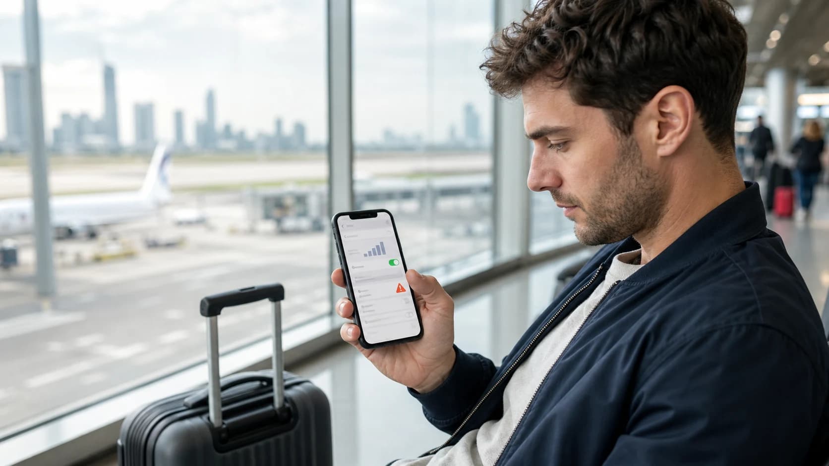 Traveler troubleshooting a travel eSIM connection after landing