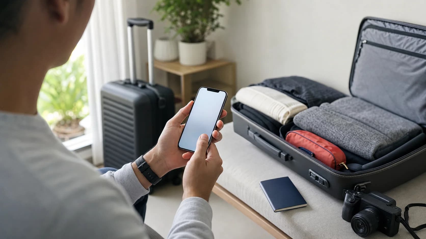 Traveler preparing a travel eSIM on a phone before an international flight